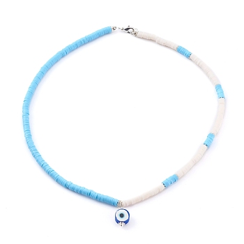 Polymer Clay Evil Eye Pendant Necklaces, Heishi Beads, with Brass Lobster Claw Clasps, Silver Color Plated, Light Sky Blue, 16.54 inch(42cm)