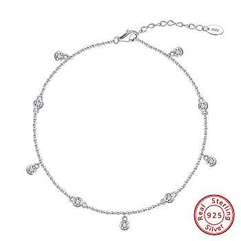 925 Sterling Silver Cable Chain Anklet, Micro Pave Cubic Zirconia Round Charm, Real Platinum Plated, 8-1/2 inch(21.5cm)