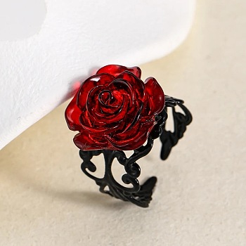 Iron and Resin Cuff Open Rings, Flower, Dark Red, Inner Diameter: 21mm