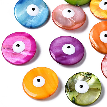 Natural Freshwater Shell Beads, with Enamel, Double-Faced, Flat Round with Evil Eye, Dyed, Mixed Color, 24~25x5~6mm, Hole: 0.9mm