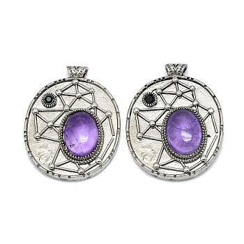 Natural Amethyst Oval Pendants, Rack Plating Antique Silver Plated Brass Pave Rhinestone Oval Charms, Cadmium Free & Lead Free, 45x35x8mm, Hole: 3.5mm