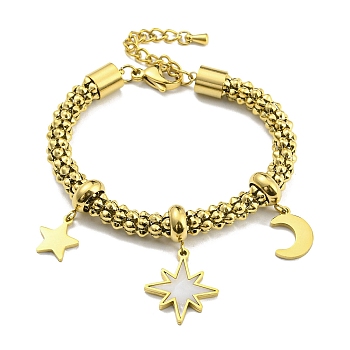 Synthetic Shell Sun & Star & Moon Charm Bracelet, with Ion Plating(IP) 304 Stainless Steel Popcorn Chains, Golden, 6-5/8 inch(16.9cm)
