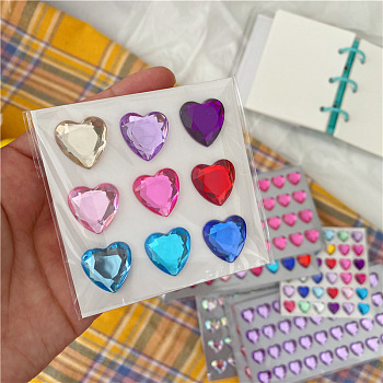 Plastic Rhinestone Self-Adhesive Stickers, Waterproof Bling Faceted Heart Crystal Decals for Party Decorative Presents, Kid's Art Craft, Colorful, 75x75mm