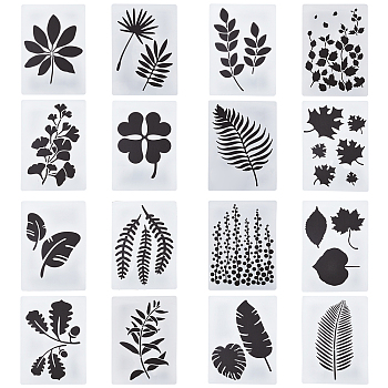 16Pcs 16 Styles PET Plastic Drawing Painting Stencils Templates, Rectangle with Leaf, White, 200x140x0.3mm, 1pc/style