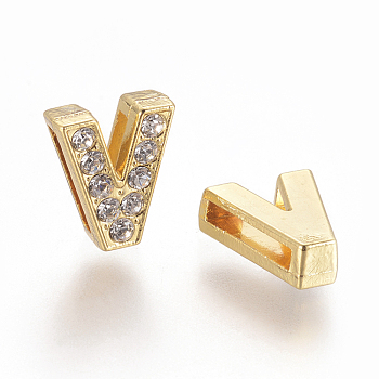 Initial Slide Beads, Alloy Rhinestone Beads, Golden, Letter V, about 10mm wide, 11.5mm wide, 5mm thick, hole: 1.5mm