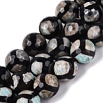 Tibetan Style Natural Agate dZi Beads Strands, Round, Faceted, Black, Dyed & Heated, Tortoise Pattern, 11~12mm, Hole: 0.7~1mm, about 30~31pcs/strand, 14.17~14.76 inch(36~37.5cm)(G-Q606-12MM-01)