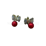 Alloy Crystal Rhinestone Bowknot Dangle Stud Earrings, with Plastic Pearl, Golden, Red, 30mm(FS-WG0E442-01)