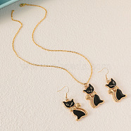 Cat Shape Zinc Alloy Enamel Pendant Necklaces & Dangle Earrings Sets, Golden, 450mm(FS-WG2319B-01)