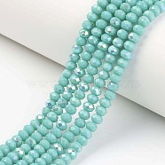 Electroplate Opaque Solid Color Glass Beads Strands, Half Rainbow Plated, Faceted, Rondelle, Turquoise, 6x5mm, Hole: 1mm, about 83~85pcs/strand, 38~39cm(EGLA-A034-P6mm-L15)