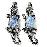 Dual-use Items Alloy Crocodile Brooch, with Opalite, Antique Silver, 67.5x24x10mm, hole: 4x3.5mm(JEWB-C026-01G-AS)