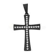 304 Stainless Steel Pendants, Cross Charm, with Rhinestone,  PVD Vacuum Plating, Black, 39.5x25.5x1.5mm, Hole: 8.5x5mm(STAS-G346-31B)