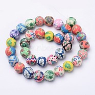 Handmade Polymer Clay Beads, Round with Floral Pattern, Mixed Color, 12mm(FIMO-12D)