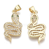 Brass Micro Pave Cubic Zirconia Pendants, with Brass Snap On Bails, Nickel Free, Snake, Clear & Green, Real 16K Gold Plated, 24x13.5x3mm, Hole: 5x3.5mm(ZIRC-S067-037-NF)