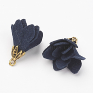 Velvet Pendant Decorations, Flower, with Alloy Findings, Antique Golden, Prussian Blue, 23.5x8mm, Hole: 1.5mm(FIND-P021-01)