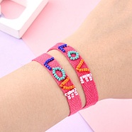 Twill Tape Nylon Cord Knotted Bracelets, Glass Seed Beads Love Bracelets, Hot Pink, 14-1/8 inch(36cm)(BJEW-Z013-33)