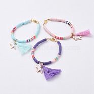 Handmade Polymer Clay Beads Kids Bracelets, with Cotton Thread Tassels and Alloy Enamel Pendants, Unicorn, Golden, Mixed Color, 6-1/4 inch(16cm), 4mm(BJEW-JB04773-M)