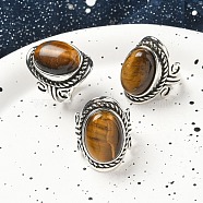 Natural Tiger Eye Adjustable Rings, Lead Free & Cadmium Free, Antique Silver Plated Brass Finger Rings for Women, Oval, 27mm, Inner Diameter: 17mm(RJEW-I108-01AS-12)