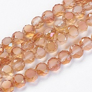 Electroplate Glass Beads, Half Plated, Faceted, Frosted, Flat Round, Sandy Brown, 6x3mm, Hole: 1mm(EGLA-D028-20)