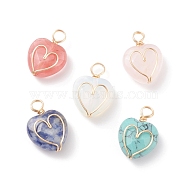 Natural & Synthetic Gemstone Pendants, Twisted with Golden Tone Copper Wire, Facted, Heart, 21x15x8.5mm, Hole: 3.4~4mm(PALLOY-JF01618)