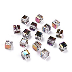 Electroplate Transparent Glass Beads, Faceted Cube, Rainbow Plated, Purple, 6x6x6mm, Hole: 1.8mm(EGLA-B003-01A-16)