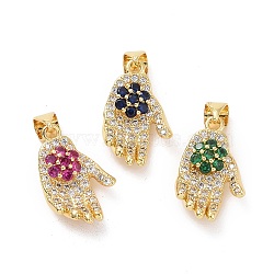 Brass Micro Pave Cubic Zirconia Pendants, Hand with Flower Charms, Mixed Color, 19x11x5mm, Hole: 3x3.5mm(ZIRC-F134-30G)