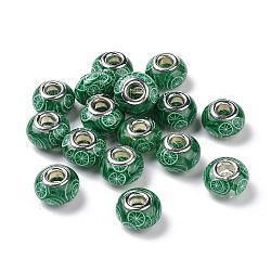 Transparent Resin European Rondelle Beads, Large Hole Beads, with Lemon Polymer Clay and Platinum Tone Alloy Double Cores, Dark Green, 14x8.5mm, Hole: 5mm(RPDL-P005-01P-04)