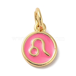 Real 18K Gold Plated Brass Enamel Charms, with Jump Ring, Long-Lasting Plated, Lead Free & Cadmium Free, Flat Round with Leo Charms, Pearl Pink, 10x8x1mm, Hole: 4mm(KK-L216-001G-H04)