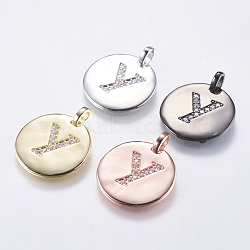 Brass Pendants, with Micro Pave Cubic Zirconia, Flat Round with Letter, Mixed Color, Letter.Y, 23~23.5x2mm, Hole: 3.5x4mm(KK-K218-Y)