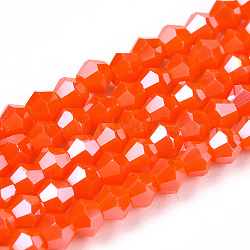 Opaque Solid Color Electroplate Glass Beads Strands, Pearl Luster Plated, Faceted, Bicone, Orange Red, 2.9~3.3x2.5mm, Hole: 0.7mm, about 145~150pcs/strand, 16.34~16.54 inch(41.5~42cm)(EGLA-A039-P2mm-A03)