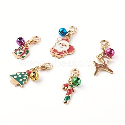 Christmas Theme Alloy Enamel Pendant Decoration, with Alloy Lobster Claw Clasps, Mixed Color, 27~36mm, 5pcs/set(HJEW-JM00469-S)