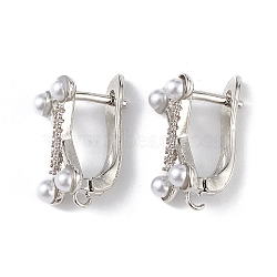 Brass Criss Cross Hoop Earring Findings, Latch Back with Clear Cubic Zirconia and Plastic Pearl Beaded, Lead Free & Cadmium Free, Platinum, 19x12x9mm, Hole: 1.2mm, Pin: 1mm(ZIRC-L097-056P)
