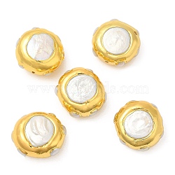 Baroque Style Natural Keshi Pearl Beads, Long-Lasting Plated, with Golden Plated Brass Edge, Flat Round, Seashell Color, 26~29x26~27x17.5~19mm, Hole: 1.6mm(KK-M251-04G)