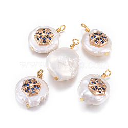 Natural Cultured Freshwater Pearl Pendants, with Brass Micro Pave Cubic Zirconia Findings, Nuggets with Hexagon, Golden, Dark Blue, 17~26x11~16x5~11mm, Hole: 1.6~2mm(PEAR-L027-62C)