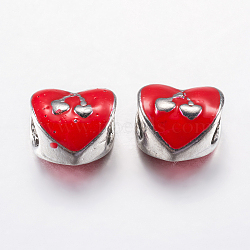 Alloy Enamel European Beads, Large Hole Beads, Heart with Cherry, Platinum, Red, 10x10x7.5mm, Hole: 5mm(PALLOY-F200-02A)