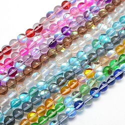 Synthetic Moonstone Beads Strands, Holographic Beads, Half AB Color Plated, Round, Mixed Color, 6mm, Hole: 1mm, about 64pcs/strand, 15 inch(G-F143-6mm-M)