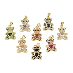 Brass Micro Pave Cubic Zirconia Pendants, with Glass, Real 18K Gold Plated, Bear Charms, Mixed Color, 21x14.5x3.5mm, Hole: 4.5x3mm(KK-P266-16G)