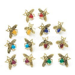 Brass Micro Pave Clear Cubic Zirconia Stud Earrings, with Glass, Bees, Antique Golden, Mixed Color, 21x26mm, Pin: 0.8mm(ZIRC-I050-08A)