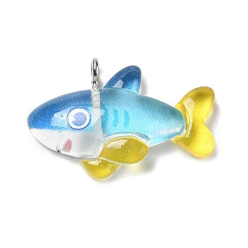 Ocean Theme Transparent Resin Cartoon Pendants, Sea Animal Charms with Platinum Tone Iron Loops, Fish, 19x28x6mm, Hole: 2mm