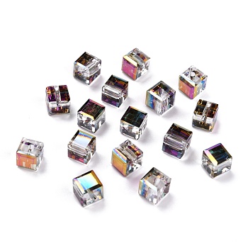 Electroplate Transparent Glass Beads, Faceted Cube, Rainbow Plated, Purple, 6x6x6mm, Hole: 1.8mm