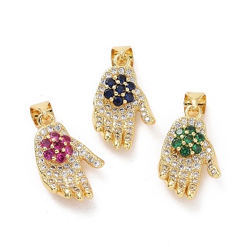 Brass Micro Pave Cubic Zirconia Pendants, Hand with Flower Charms, Mixed Color, 19x11x5mm, Hole: 3x3.5mm