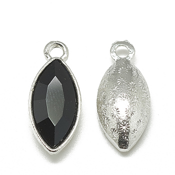 Alloy Glass Pendants, Faceted, Horse Eye, Platinum, Black, 20x9x5mm, Hole: 1.5mm