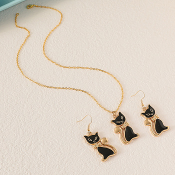 Cat Shape Zinc Alloy Enamel Pendant Necklaces & Dangle Earrings Sets, Golden, 450mm