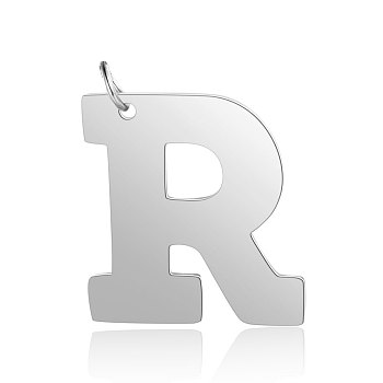 201 Stainless Steel Pendants, Letter, Stainless Steel Color, Letter.R, 30x27.5x1.5mm, Hole: 4.5mm