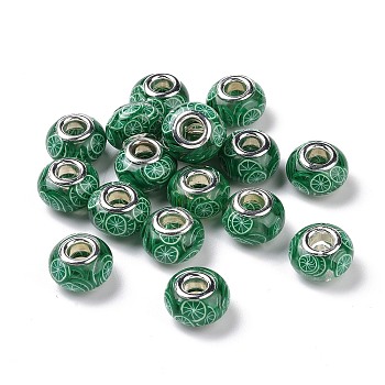 Transparent Resin European Rondelle Beads, Large Hole Beads, with Lemon Polymer Clay and Platinum Tone Alloy Double Cores, Dark Green, 14x8.5mm, Hole: 5mm