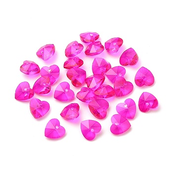 Romantic Valentines Ideas Glass Charms, Faceted Heart Pendants, Magenta, 14x14x8mm, Hole: 1mm