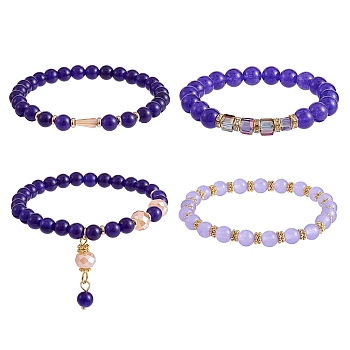 4Pcs 4 Style Natural Malaysia Jade Stretch Bracelets Set with Glass Beaded, Gemstone Jewelry for Women, Inner Diameter: 2-1/8 inch(5.5cm), 1Pc/style