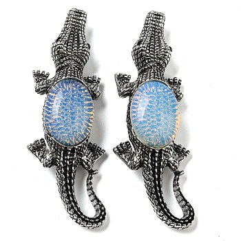 Dual-use Items Alloy Crocodile Brooch, with Opalite, Antique Silver, 67.5x24x10mm, hole: 4x3.5mm