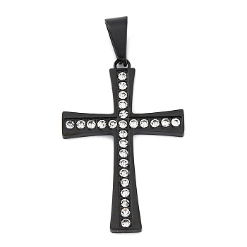 304 Stainless Steel Pendants, Cross Charm, with Rhinestone,  PVD Vacuum Plating, Black, 39.5x25.5x1.5mm, Hole: 8.5x5mm