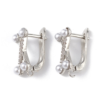 Brass Criss Cross Hoop Earring Findings, Latch Back with Clear Cubic Zirconia and Plastic Pearl Beaded, Lead Free & Cadmium Free, Platinum, 19x12x9mm, Hole: 1.2mm, Pin: 1mm