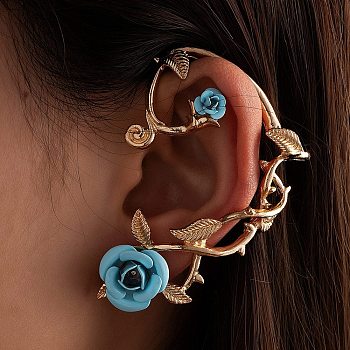 Alloy Rose Climber Wrap Around Stud Earrings for Women, Light Sky Blue, 62x43x14.5mm, Pin: 1mm